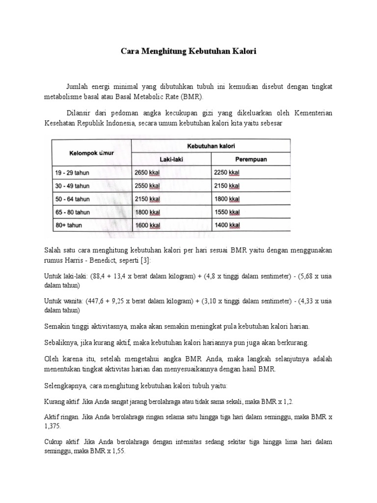 Cara Menghitung Kebutuhan Kalori PDF