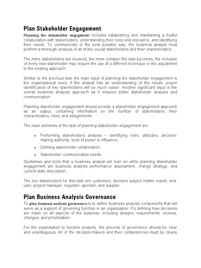 Plan Stakeholder Engagement Pdf Business Analysis Governance