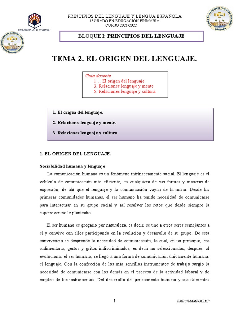 Tema 2 El Origen Del Lenguaje Pdf Pensamiento Lingüística