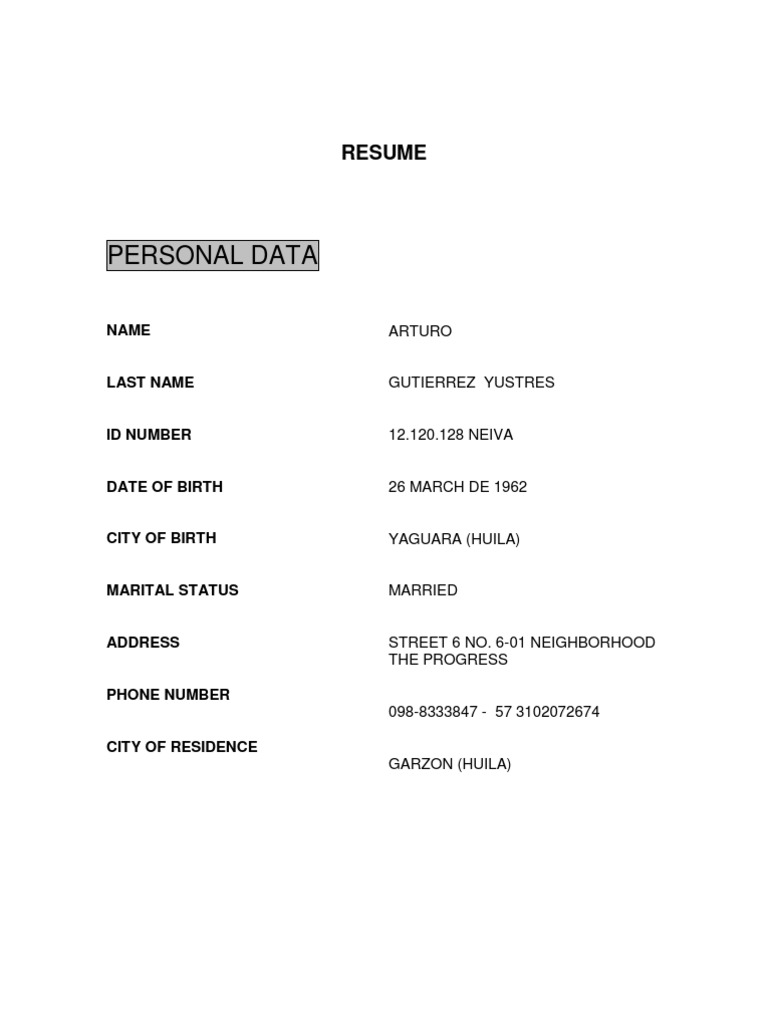 Hoja de Vida en Ingles Ejemplo