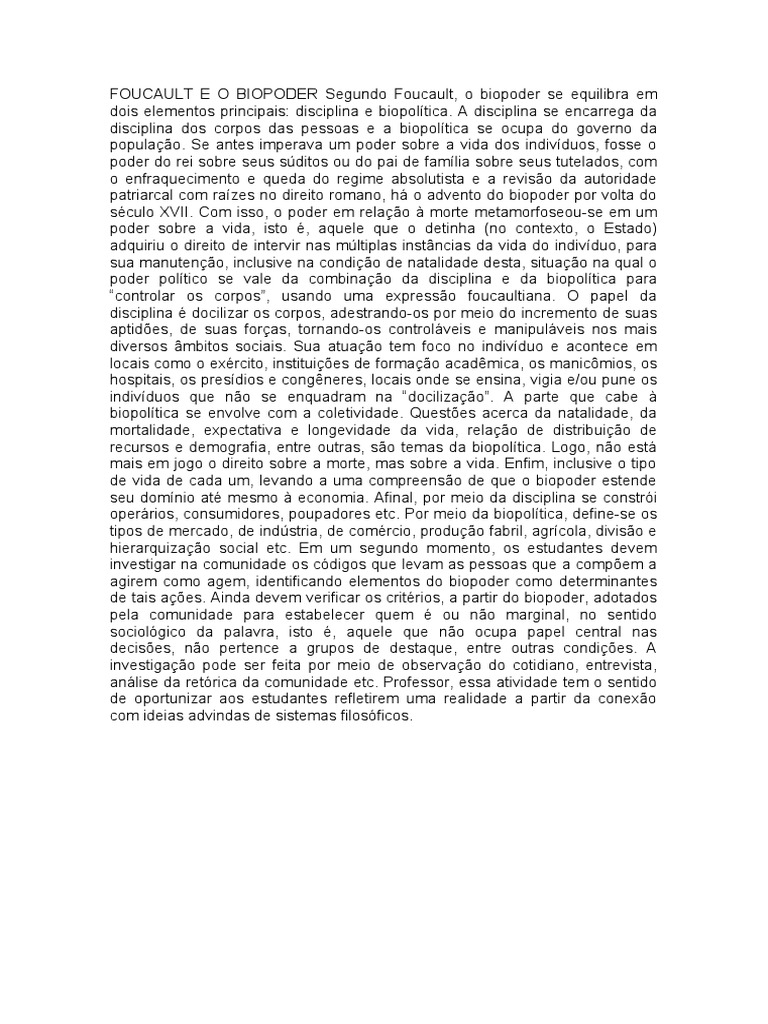 Biopoder: Disciplina e Biopolítica em Foucault | PDF | Michel Foucault ...