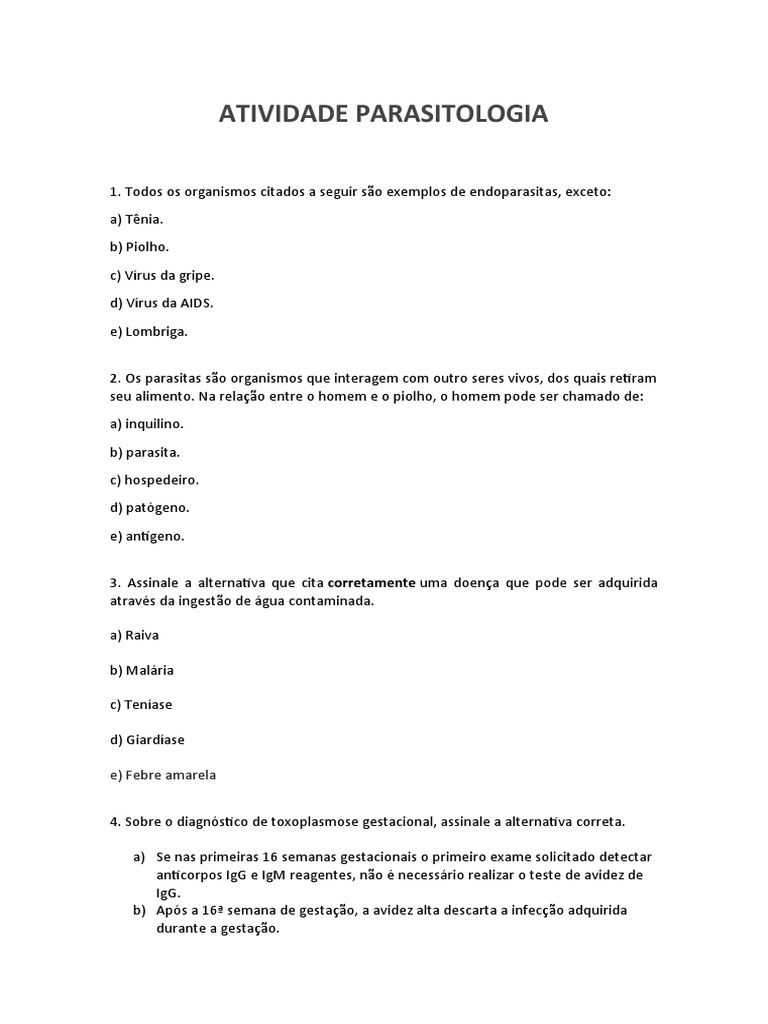 Atividade Parasitologia | PDF