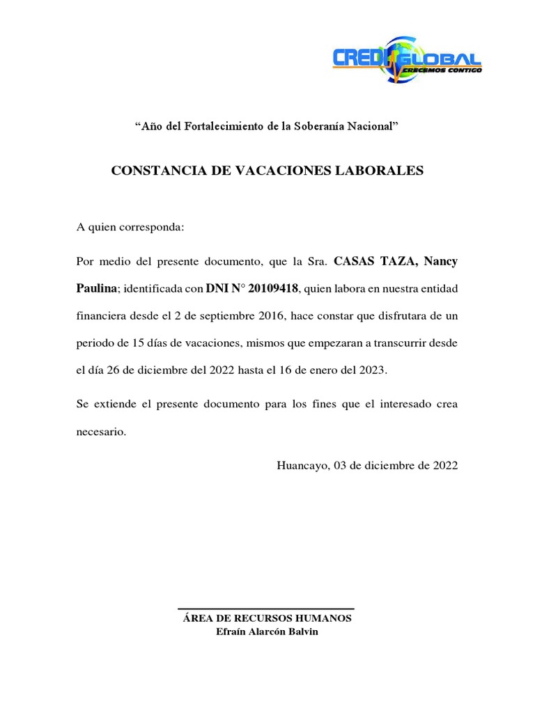 Constancia de vacaciones pdf