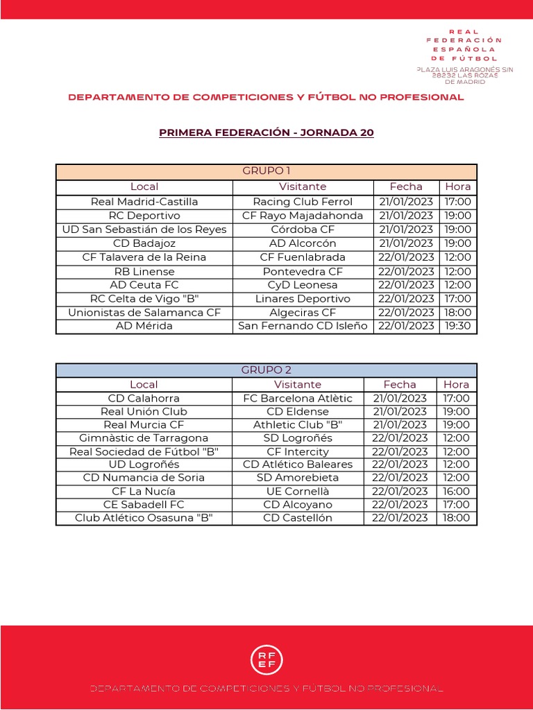 Horarios Primera Federacion Segunda Vuelta Descargar gratis PDF Equipos deportivos