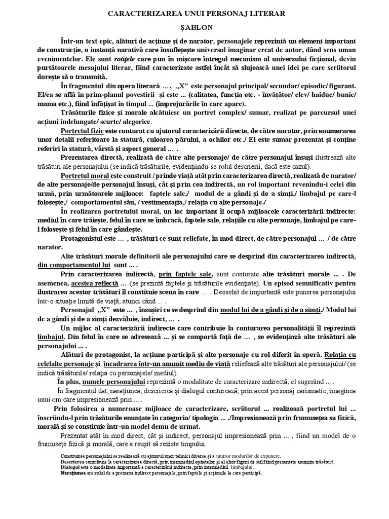 Caracterizarea Unui Personaj Literar - Șablon Lung | PDF