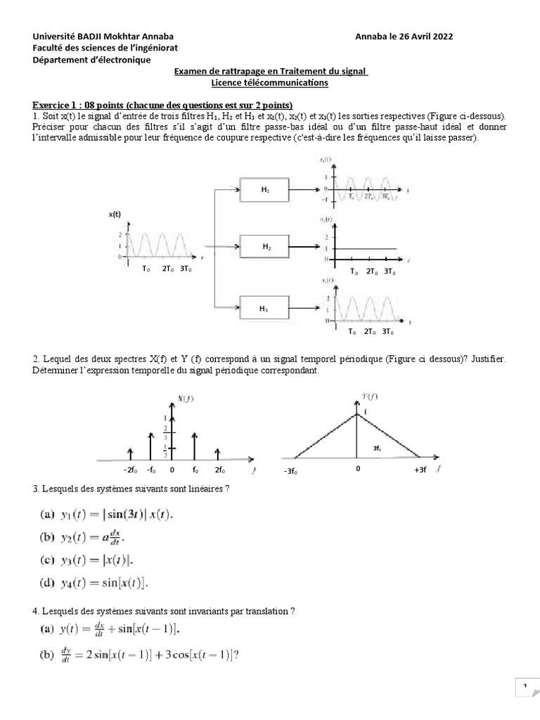 Examen de rattrapage en traitement du signal | PDF | Filtre ...