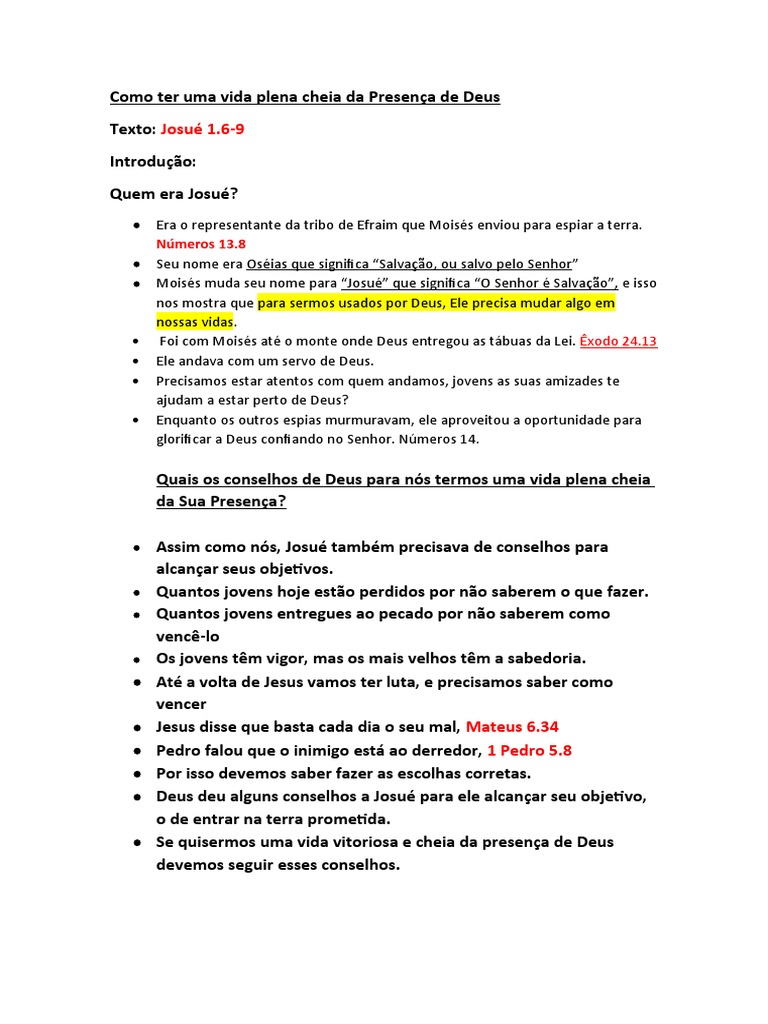 Como Ter Uma Vida Plena Cheia Da Presença De Deus Pdf Josué Deus