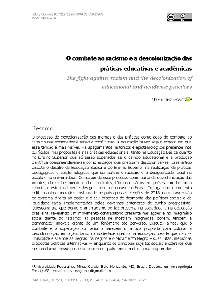 GOMES Nilma Lino. O Combate Ao Racismo e A Descolonizao Das Prticas