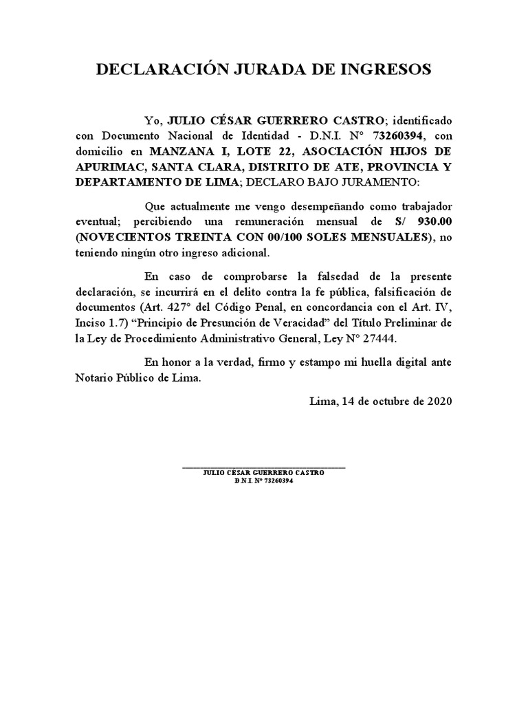 Declaración Jurada de Ingresos 2020 | PDF
