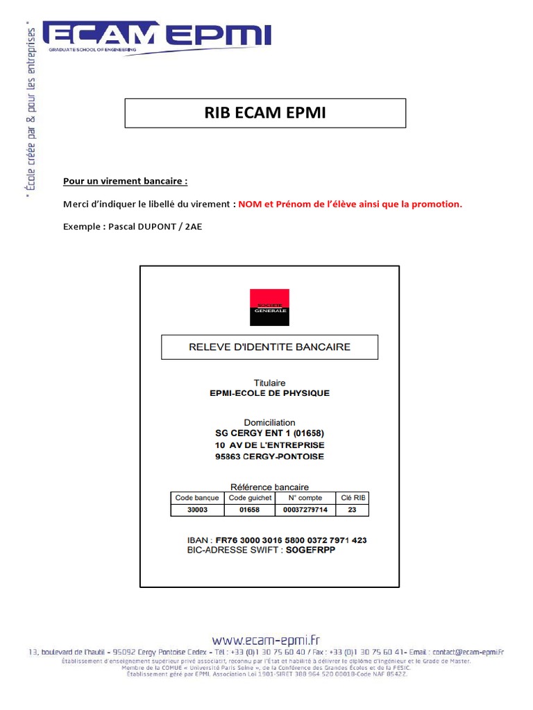 RIB pour Virement ECAM EPMI | PDF | Affaires | Finance et gestion monétaire