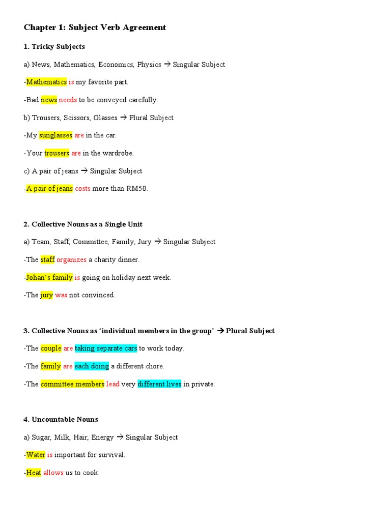 Chapter 1 Subject Verb Agreement | PDF | Grammatical Number | Plural