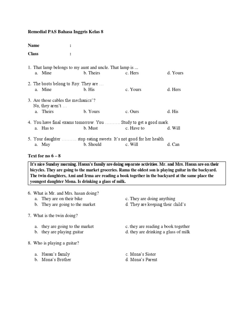 Pas Bahasa Inggris Kelas 8 Semester Ganjil 2022 Remedial Pdf