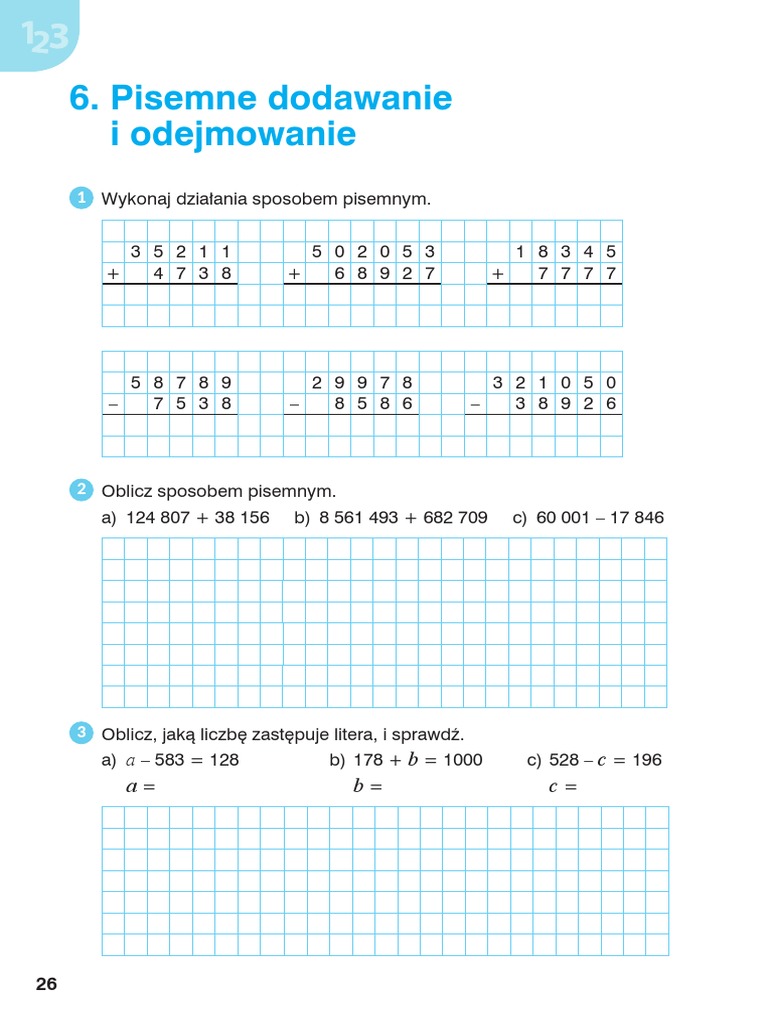 Dzialania Pisemne Klasa 4 Gwo 6 Pisemne Odejmowanie I Dodawanie | PDF