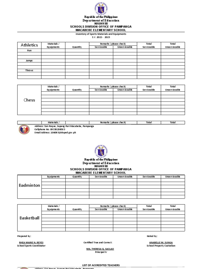 Inventory of Sports Materials and Equipments | PDF