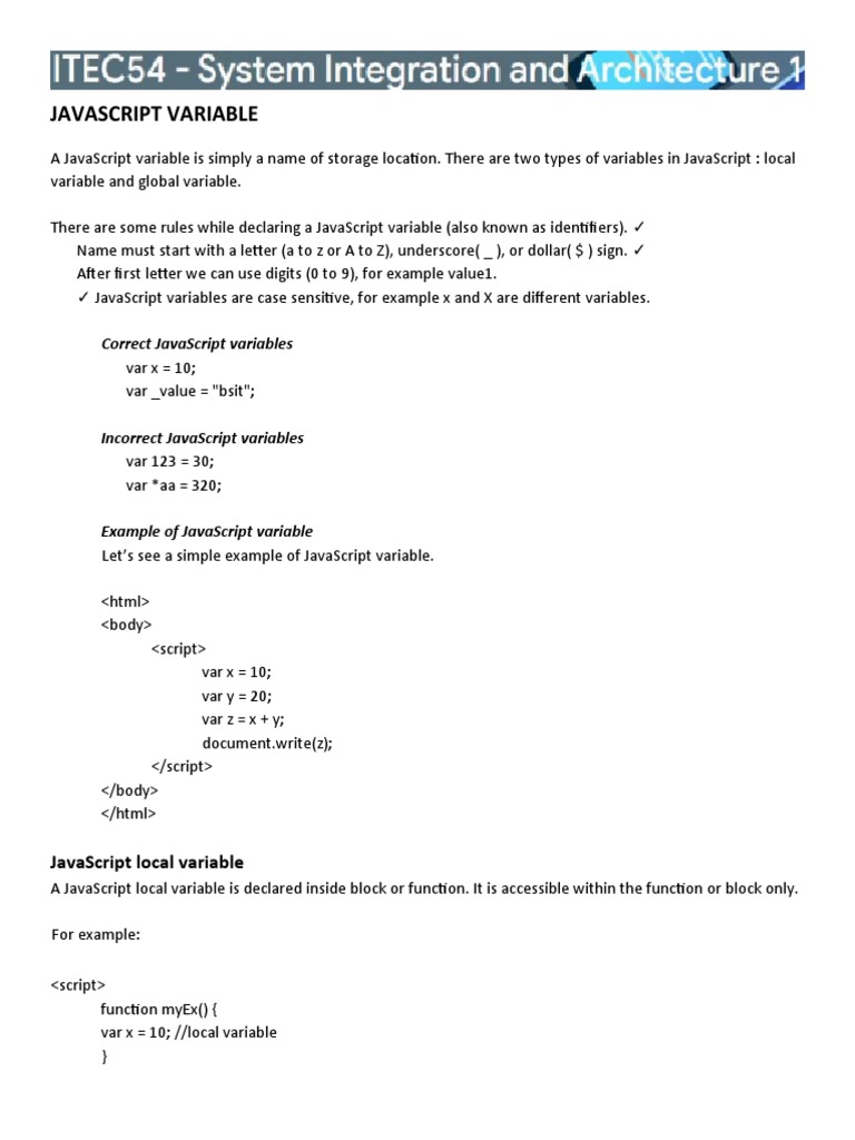 ITEC54 - JavaScript Variable and Data Types | PDF