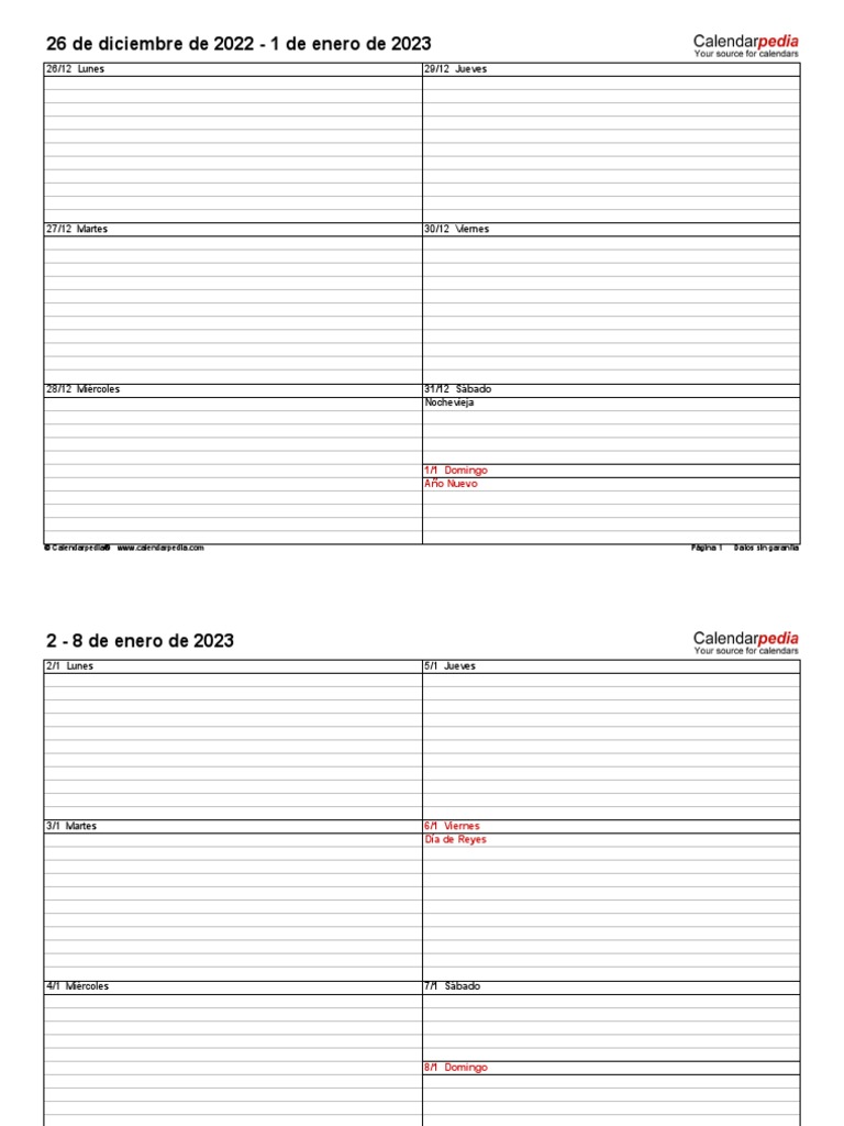 Calendario Semanal 2023 Horizontal | PDF | Día festivo | Fiestas ...