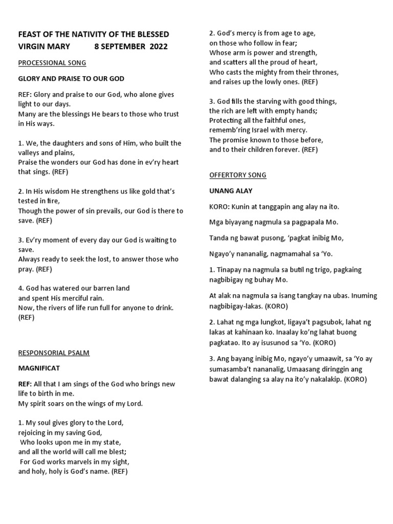 Songs For Feast of The Nativity of The BVM Mass 8 Sept. 2022 PDF