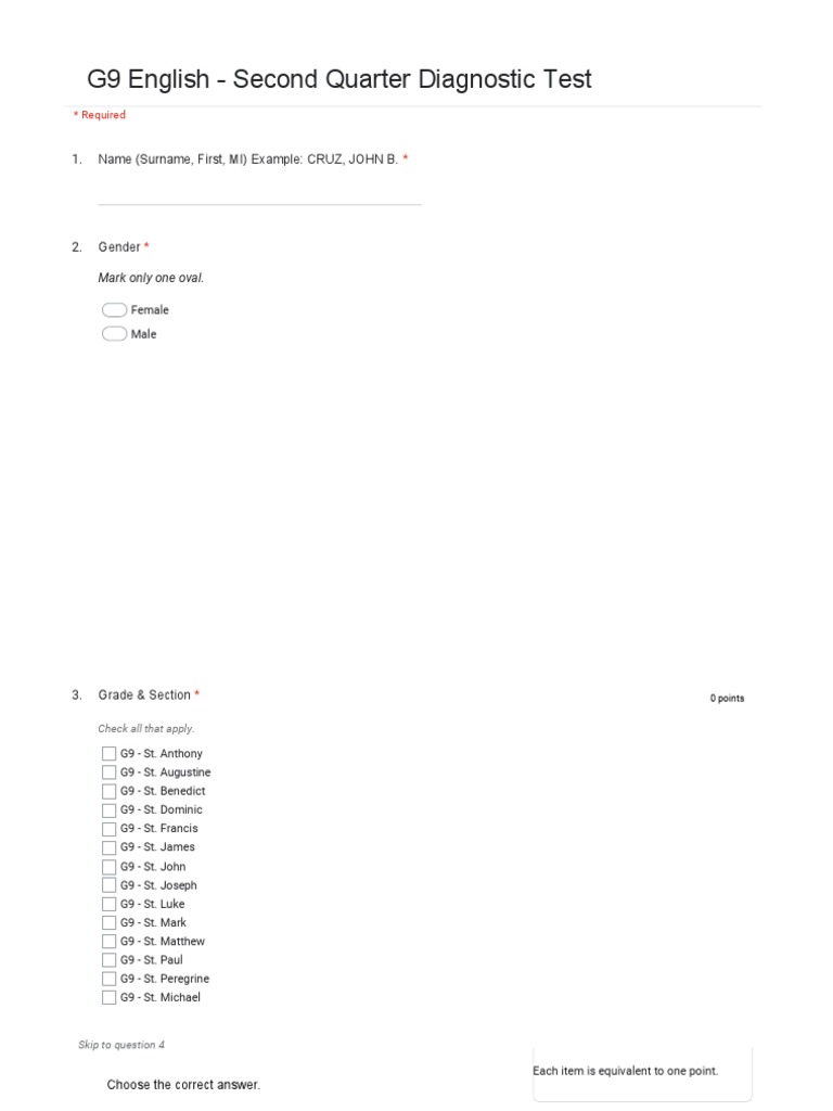 G9 Second Quarter Diagnostic Test Google Forms | PDF | Beowulf | Cognition