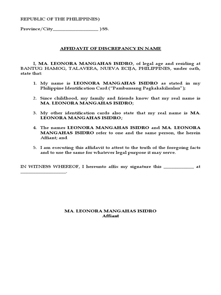 Affidavit of discrepancy in name pdf