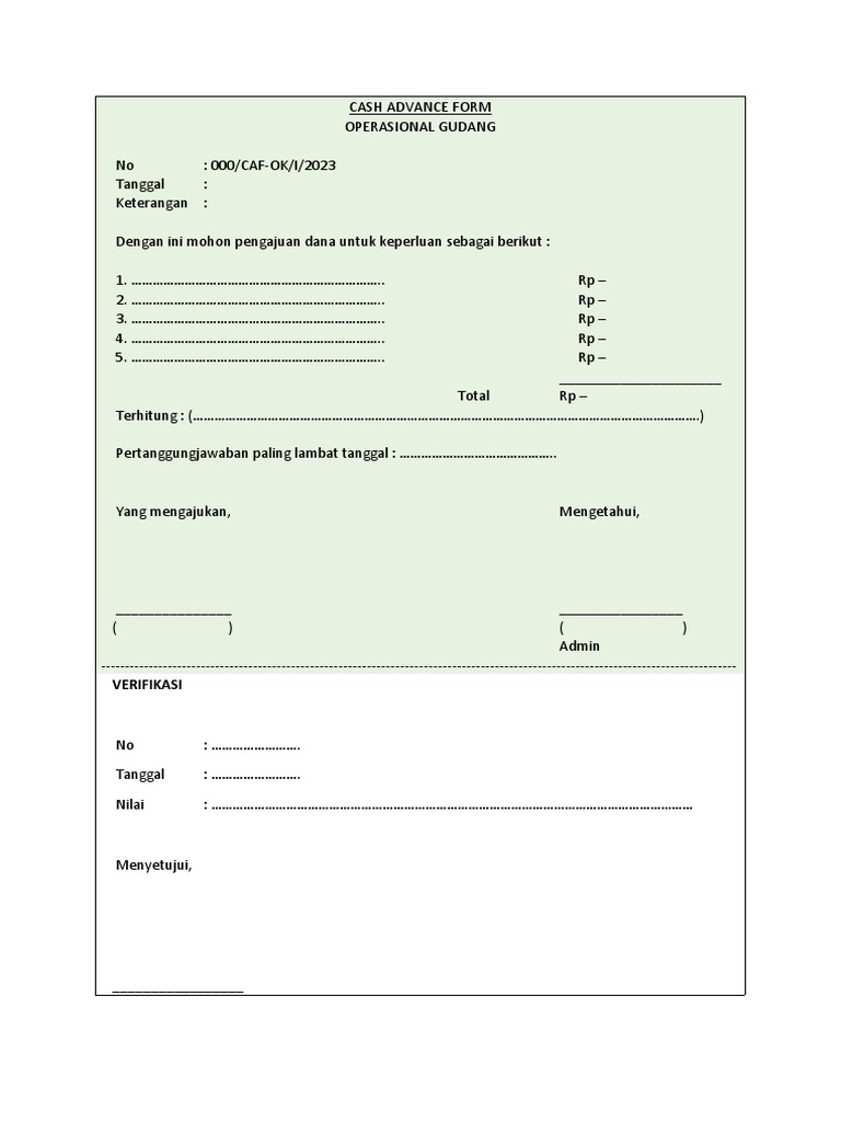 Cash Advance Form - Operasional Gudang | PDF | Pengelolaan Keuangan & Uang