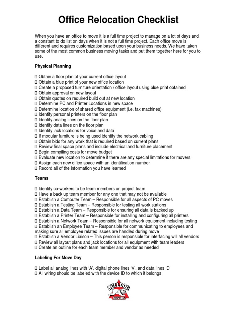 Office Relocation Checklist PDF Computer Network Electrical Wiring