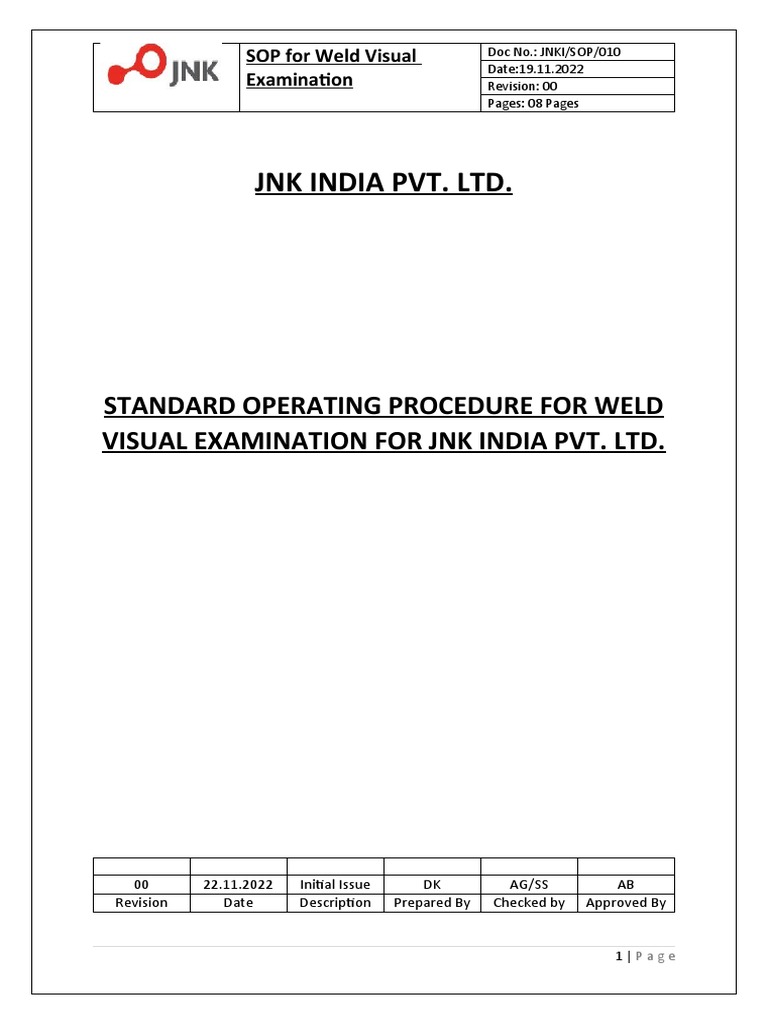 JNKI SOP 010 Visual Examination Procedure PDF Nondestructive