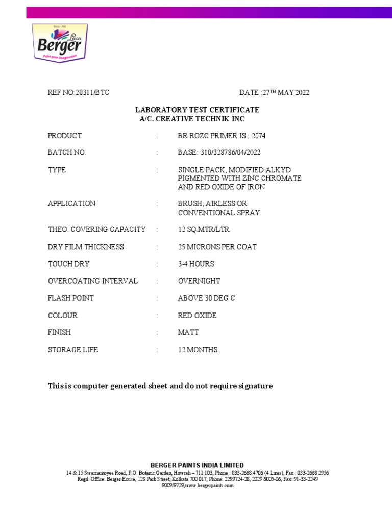 Berger ROZC Primer Test Certificate | PDF