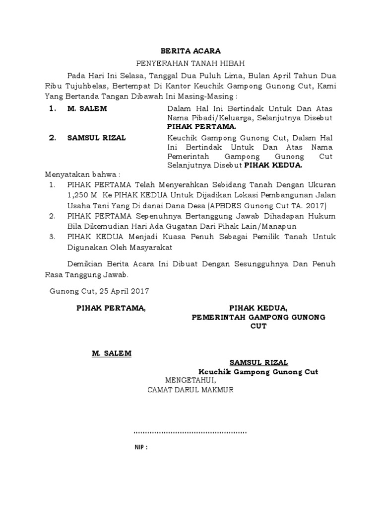 Berita acara penyerahan tanah hibah gampong gunong cut pdf
