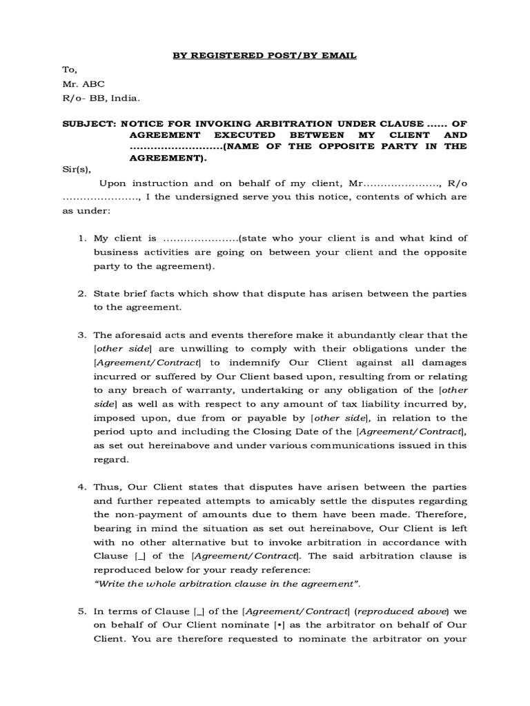 Arbitration Invocation Notice Template | PDF | Arbitral Tribunal ...