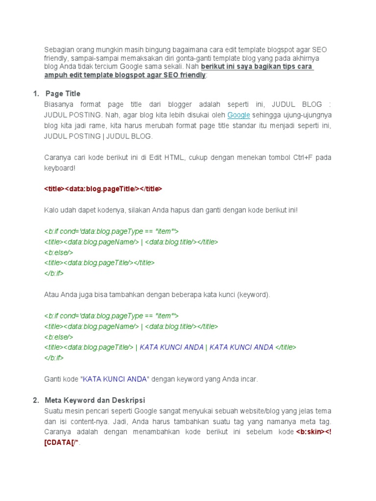 Cara Edit Template Blogspot Agar SEO Friendly | PDF