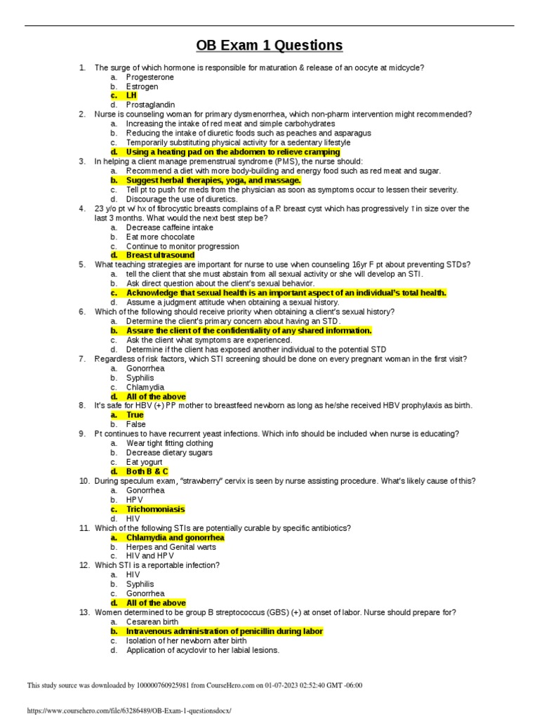 OB Exam 1 Review Questions | PDF | Menstrual Cycle | Pregnancy