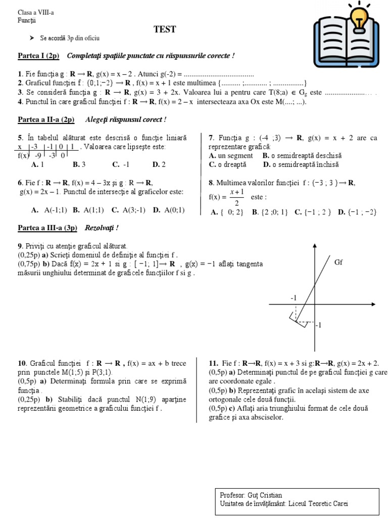 Functii - Cls VIII - Test de Evaluare Formativa | PDF