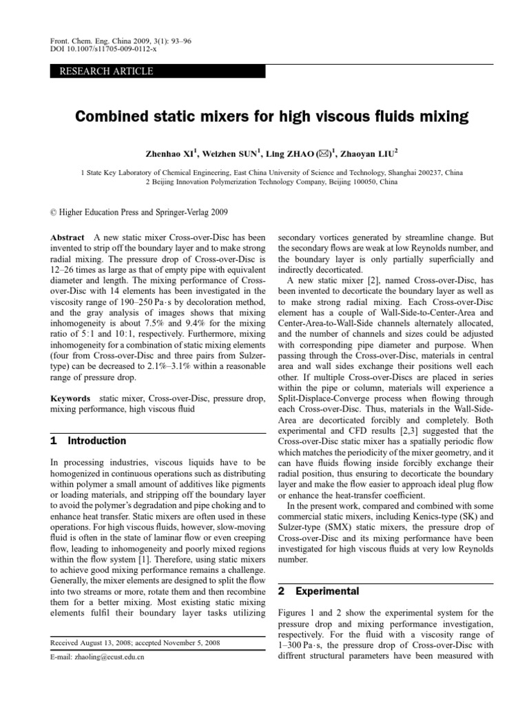 Combined Static Mixers For High Viscous Fluids Mixing PDF Reynolds