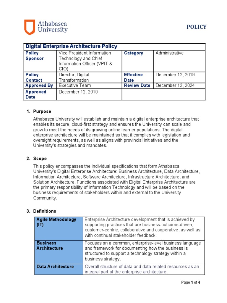 Digital Enterprise Arch Policy PDF Enterprise Architecture