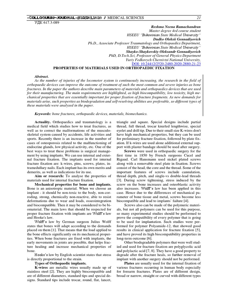 Properties of Materials Used in Orthopaedic Fixation | PDF | Implant ...
