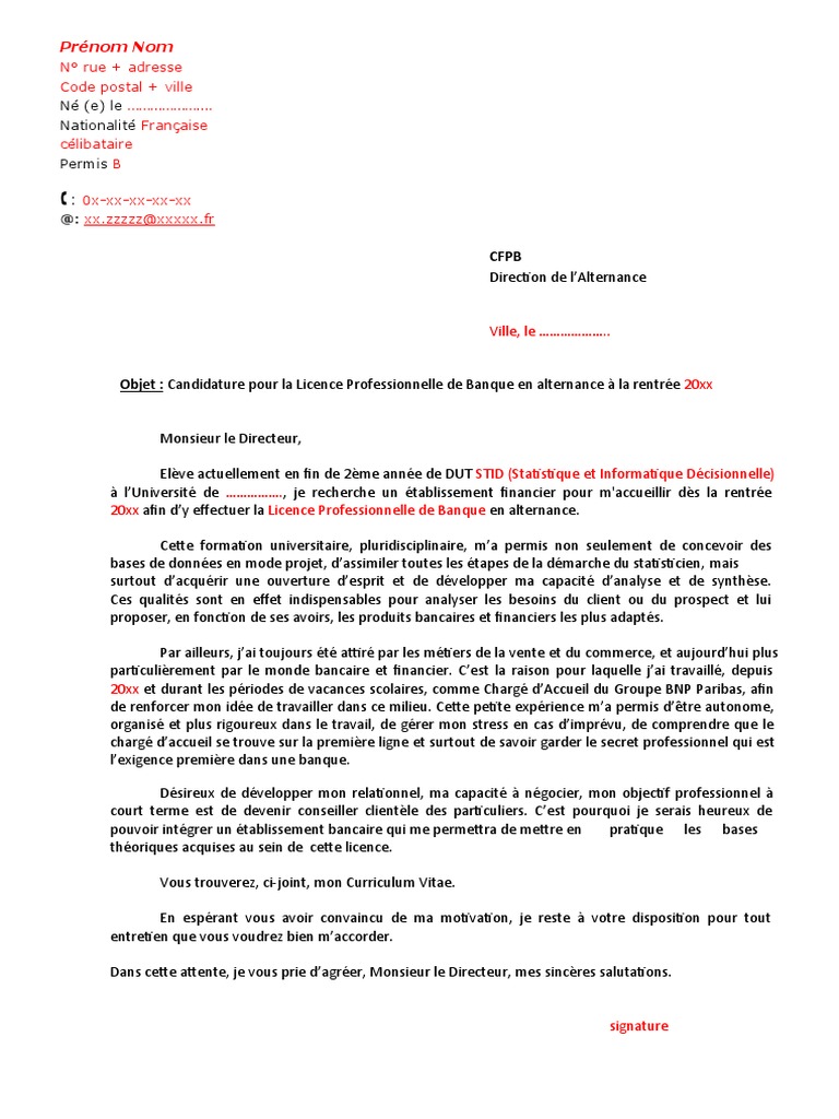 Exemple de Lettre de Motivation en Alternance LICENCE PDF Banques — free download