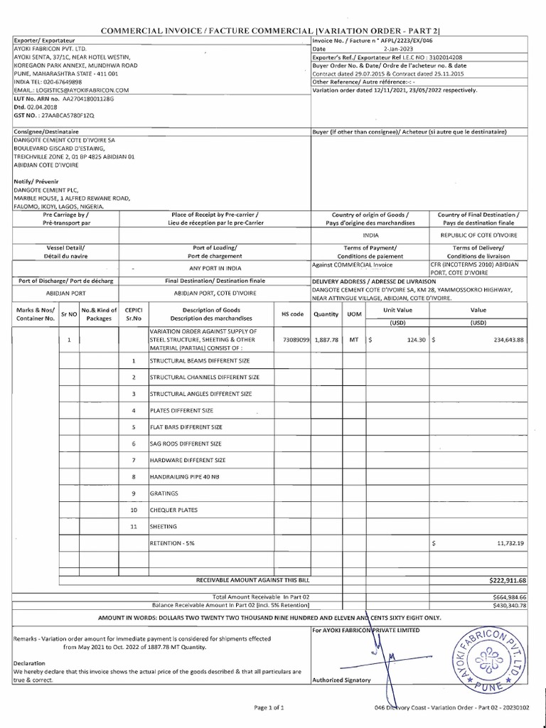 Dangote Cement Variation Invoice | PDF | Trade | Business Law