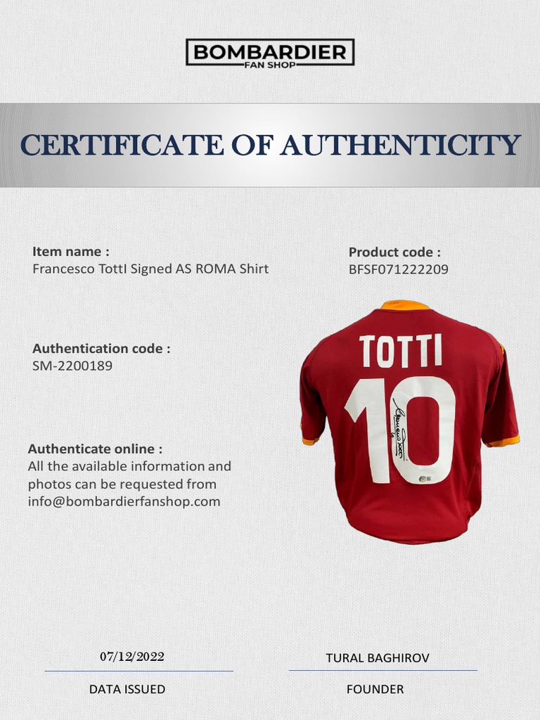 Totti Signed AS Roma Shirt Certificate | PDF