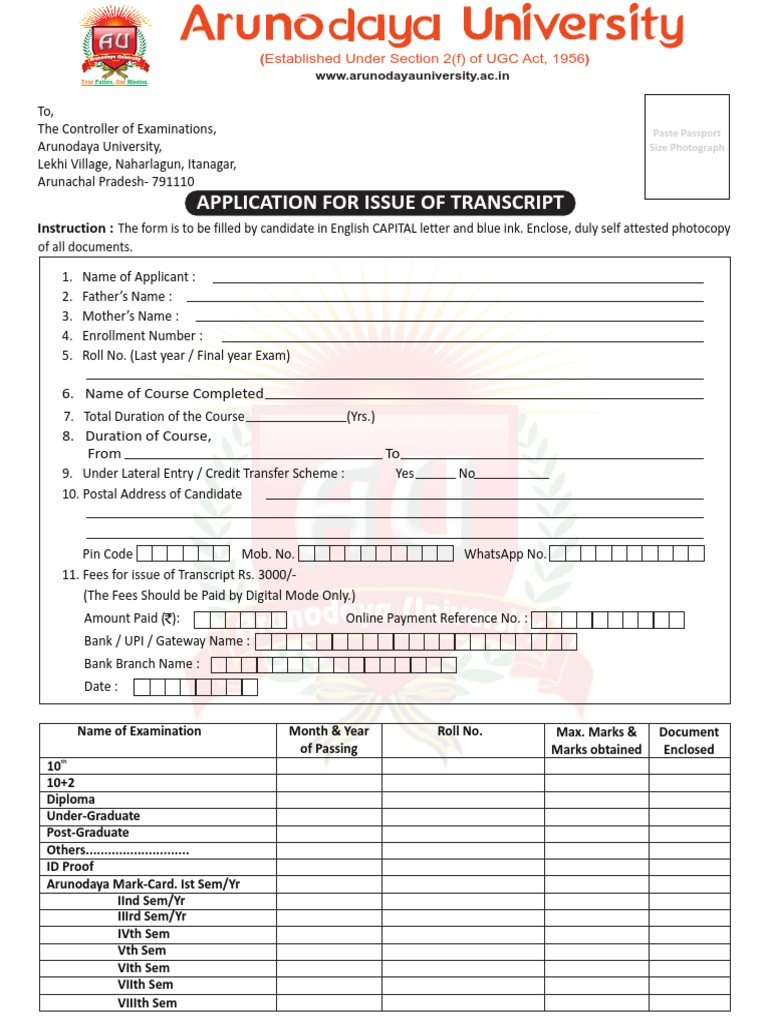 Application For Issue of Transcript | PDF