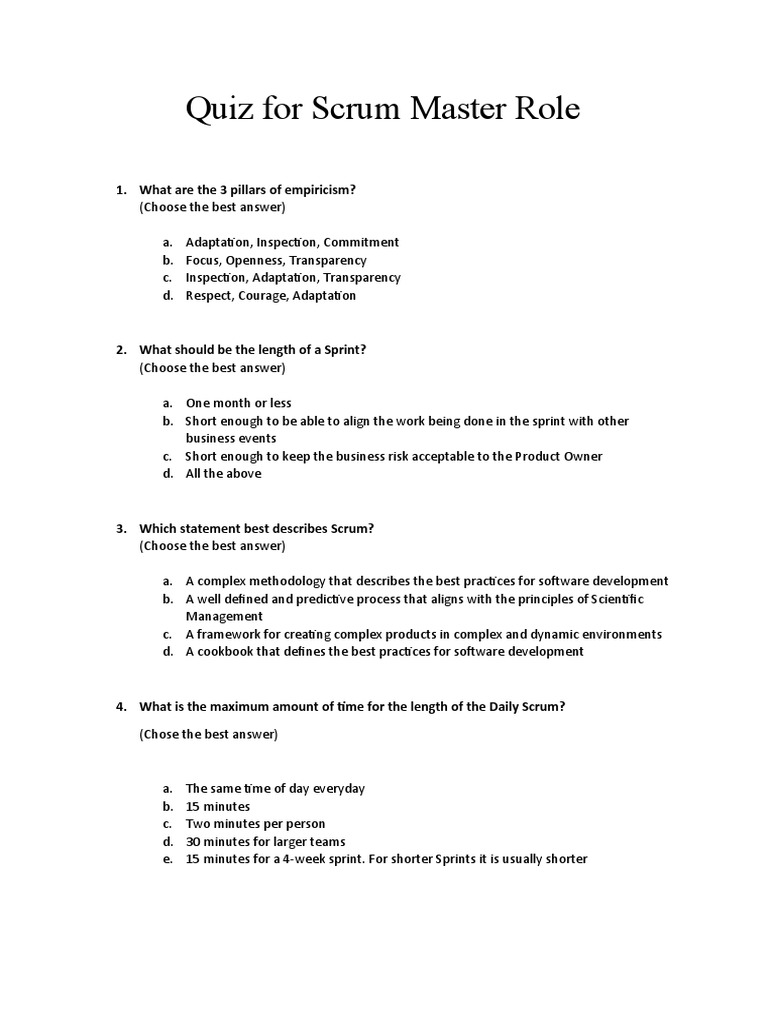 Scrum Master Quiz PDF Scrum (Software Development) Systems