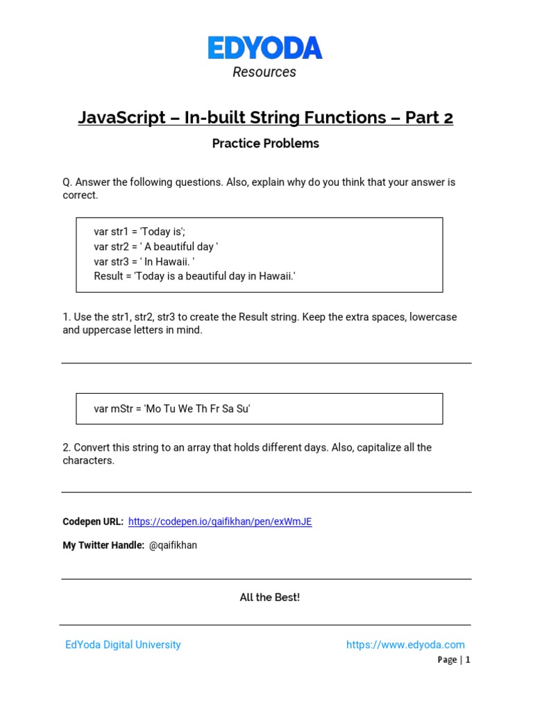 JavaScript+ +in Built+String+Functions+ +part+2+ +Practice+Problems | PDF