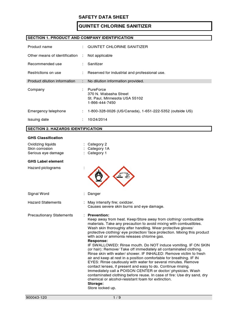 Chlorine Based Sanitiser MSDS PDF Toxicity Personal Protective