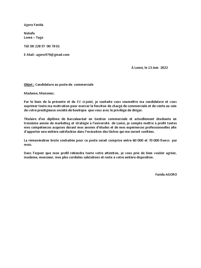 Lettre de Motivation Avec Pretention Salariale - Docx Farida | PDF