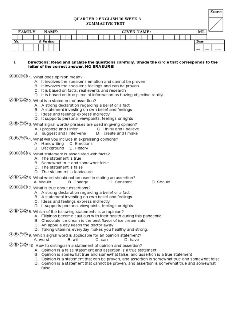 English 10 Week 3 Summative Test | PDF | Cognitive Psychology ...