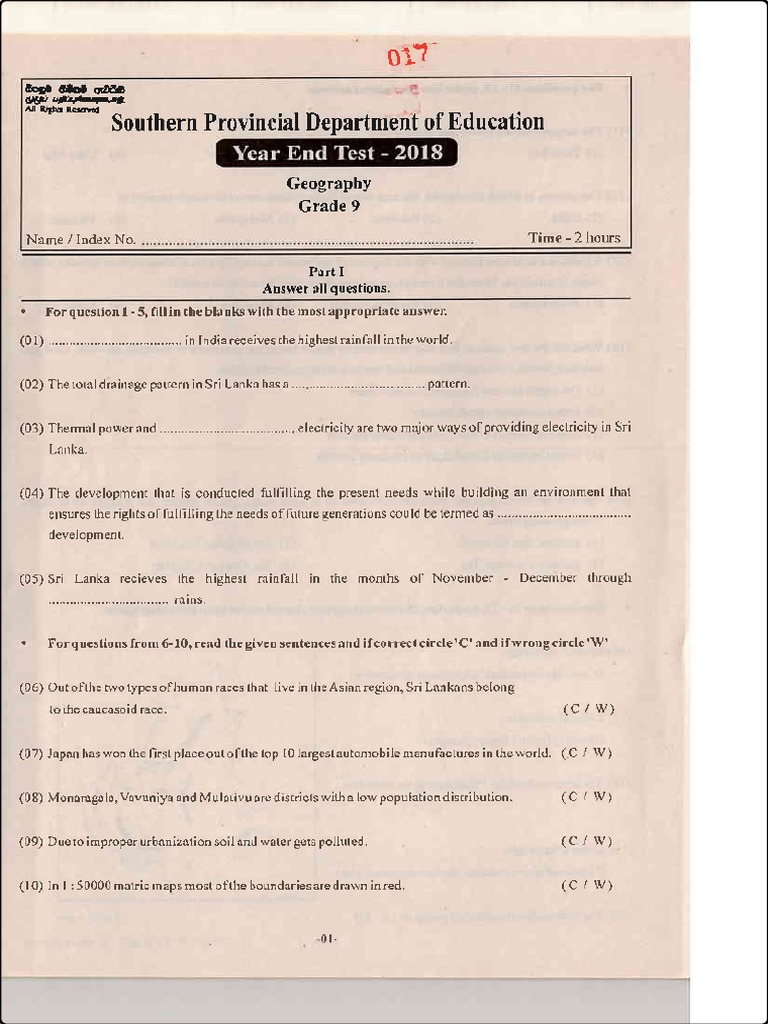 Grade 09 Geography 3rd Term Test Paper 2018 English Medium - Southern ...