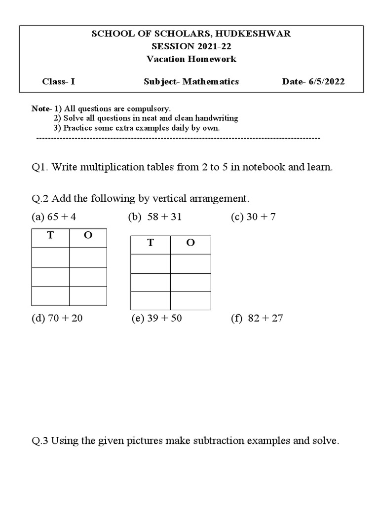 Vacation Homework STD 1 Maths PDF