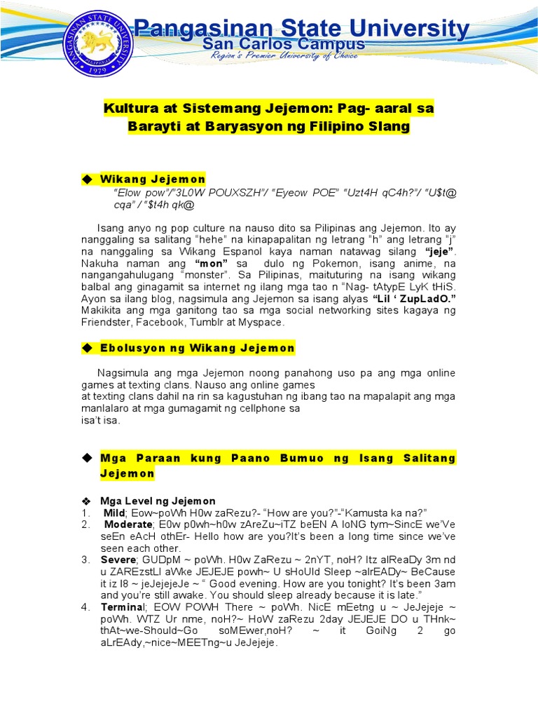 Kultura at Sistemang Jejemon Pag - Aaral Sa Barayti at Baryasyon NG ...