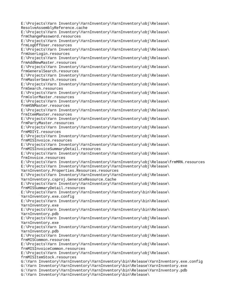 File paths and resources for a Yarn Inventory management application