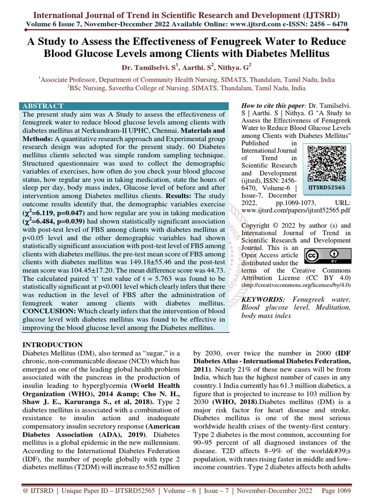 A Study To Assess The Effectiveness of Fenugreek Water To Reduce Blood