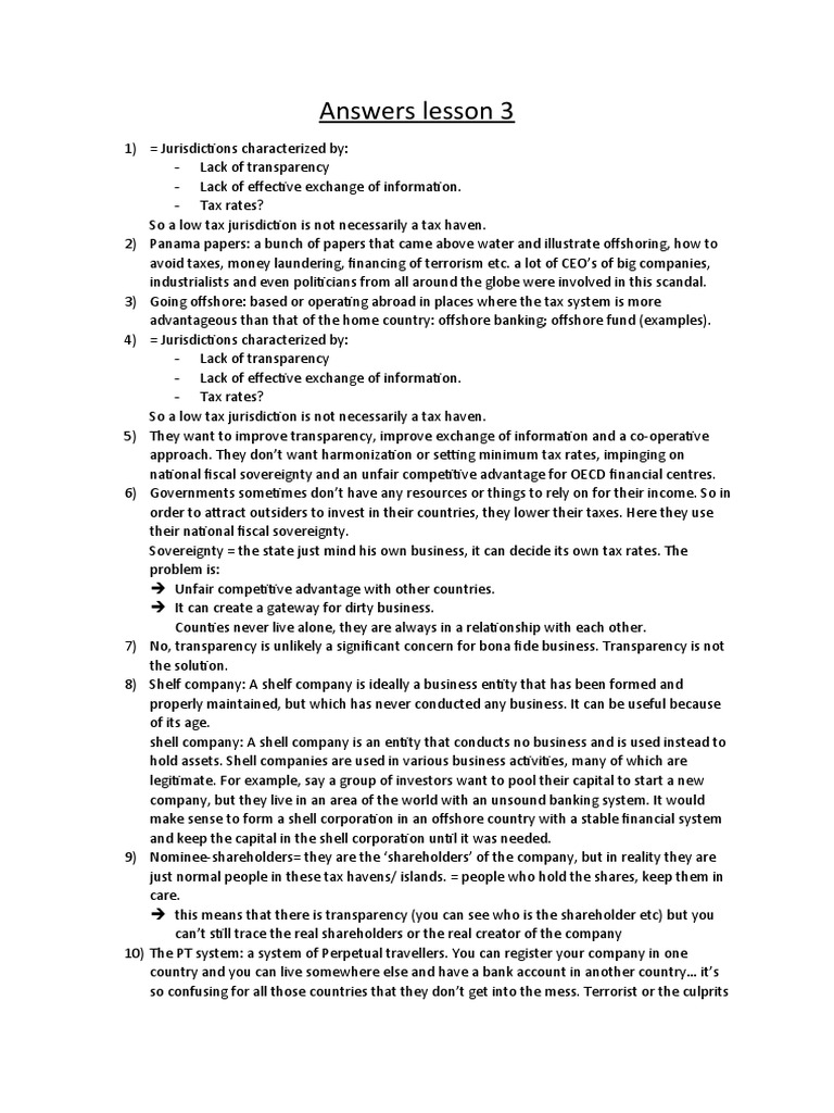 Answers Lesson 4 PDF Tax Haven Taxes